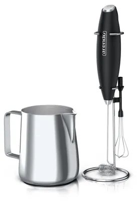Produktbild von Arendo Milchkännchen mit Stab Milchaufschäumer elektrisch Handmilchaufschäumer + Milchkanne, 0,35 l, Edelstahl, 350ml mit Messskala, Schneebesen und Dual-Quirl