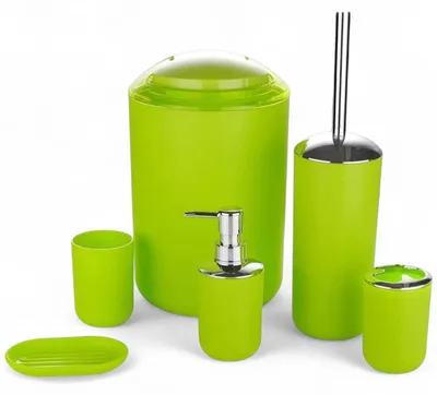 Produktbild von 6tlg Badset Badezimmer Zubehör Set Organizer: (Grün Design 3) Seifenspender, Zahnputzbecher, Kosmetikeimer, WC Bürste, Seifenschale, Mülleimer