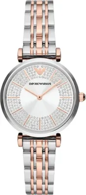 A close-up, studio shot of a women's Emporio Armani watch.