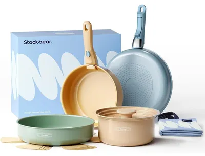 Immagine prodotto di Set di pentole e padelle in Vetroceramica, antiaderenti, adatte per induzione, senza PFOA, composto da 12 pezzi, con maniglie e custodia