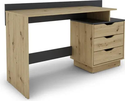 A modern wooden desk with three drawers and a gray accent.