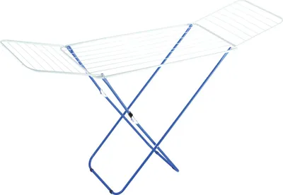 A blue and white clothes drying rack on a white background.