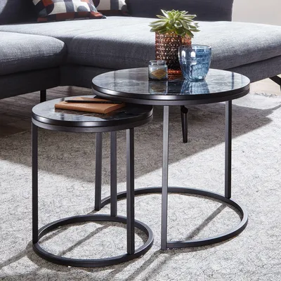 Produktbild von WOHNLING Design Beistelltisch 2er Set Schwarz Marmor Optik Rund Couchtisch 2-teilig Tischgestell Metall  Kleine Wohnzimmertische Moderne Satztische