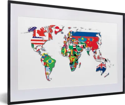 Produktbild von MuchoWow® MuchoWow® Gerahmtes Poster Weltkarte - Flaggen - Trendy 60x40 cm - Poster mit zchwarzem Bilderrahmen - Schlafzimmer - Plakat in Rahmen - Drucken