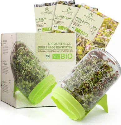 Produktbild von Sprossenglas Keimglas Set mit 3Sprossen Samen - Microgreens Anzuchtset für knackige Keimsprossen (Alfalfa, Mungbohne, Radieschen)