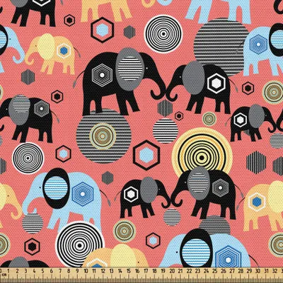 Produktbild von ABAKUHAUS Elefant Gewebe als Meterware, Ethnisches modernes asiatisches Kunst-Muster für Elefant-Liebhaber-kreisförmige sechseckige Elemente, 2 M (148 x 200 cm), Mehrfarbig