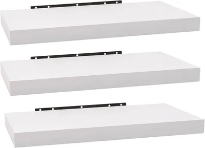 Three white floating shelves are stacked vertically against a white background.