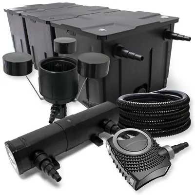 Immagine prodotto di Set completo Wiltec: filtro per laghetti CBF-350C fino a 90000 L sistema di filtraggio per laghetti a flusso continuo, pompa per laghetti NEO10000 10000l/h 80W, chiarificatore per laghetti CUV-236 36W, tubo per laghetti da 25m 25 mm, schiumatoio CSP-250 2500l/h 45W
