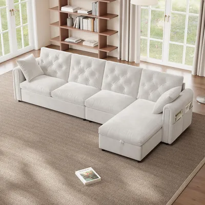 Produktbild von Merax Ecksofa L-förmiges 4-Sitzer,  sofa mit Bettkasten, Schlaffunktion, Kissen und Magazintaschen, Couch, Couchgarnitur, Samt, Beige