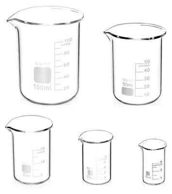 Productafbeelding van Afgestoomde maatbeker van glas, 5 ml, 10 ml, 25 ml, 50 ml, 100 ml, set van 5 stuks, borosilicaatglas