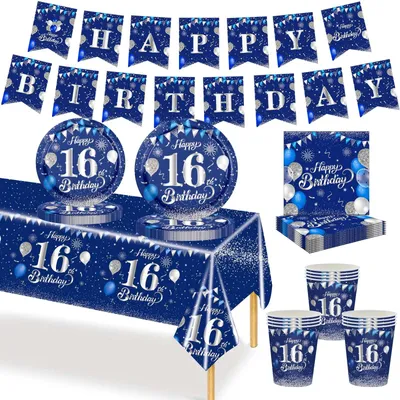 Obrázek produktu pro Sada na oslavu narozenin (70 kusů) - Papírové talíře/hrnky - Ubrousky - Banner - Dekorace na stůl - Potřeby na oslavu - Oslavní sada nádobí