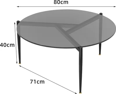 A round glass coffee table with black metal legs, shown with dimensions indicated.