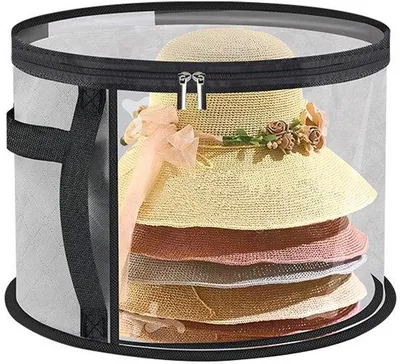 Obrázok produktu pre Šatňová skrinka na klobúky – Veľká, priehľadná škatuľa na klobúky v štýle kovbojského klobúka – Vhodná pre až 7 klobúkov – Škatuľa na klobúky so širokým okrajom a rúčkou – (Šedá)