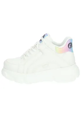 A studio shot of a single white Buffalo sneaker with a rainbow-colored heel accent.