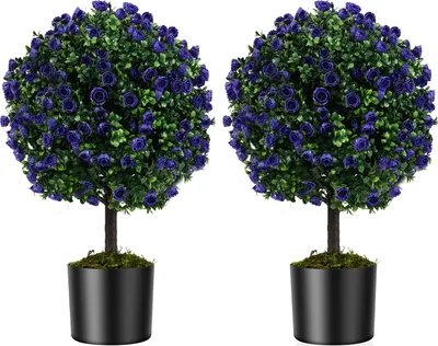 Immagine prodotto di COSTWAY 2er pianta artificiale 55cm, bosso con fiori di rosa in viola&vaso, piante artificiali, pianta da appartamento a forma di palla, foglie artificiali per casa albero, verde
