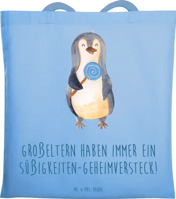 Produktbild von Mr. & Mrs. Panda Uni Tasche Großeltern Süßigkeiten - Sky Blue - Geschenk, Enkelkinder, Familienleben, Laptoptasche, Handarbeit, Lächeln, Tote Bag, Dankeschön, Beutel