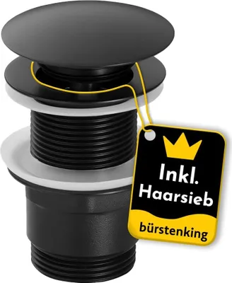Produktbild von Bürstenking Ablaufgarnitur Waschbecken – Ablaufventil mit Haarsieb – für Waschbecken & Waschtisch – 1 1/4" Anschlussgewinde – Push-Open Funktion – ohne Überlauf – 6 cm – ø 66 mm – matt Schwarz