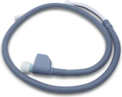 A gray corrugated hose with a blue plastic connector and a white cap, laid out in a loop on a white background.