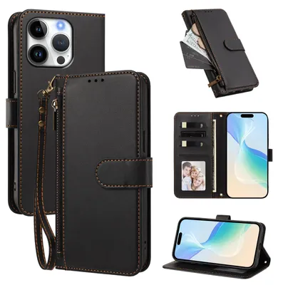 Produktbild von Geldbörse Hülle für iPhone 16 Pro, Kunstleder Handyhülle mit Kartenfächer, Ständer, Handschlaufe Schwarz