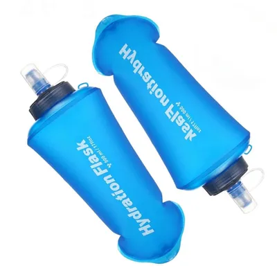 Two blue soft flasks for hydration are shown against a white background.
