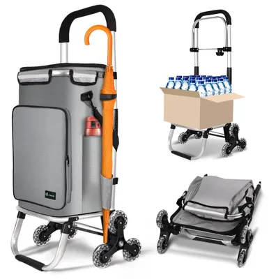 Produktbild von VOUNOT® Aluminium Einkaufstrolley Treppensteiger, Trolly Einkaufswagen Klappbar mit Haken 6 Räder, Grau