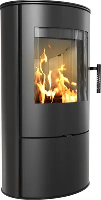 A black steel wood-burning stove with a glass door showing flames inside.