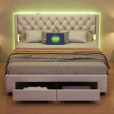 Produktbild von ProximaX Nietenbett 140×190 cm – Samt-Polsterbett mit LED- und USB-Kopfteil, Seitentaschen – Schublade am Fußteil – Ideal für Schlafzimmer, Beige