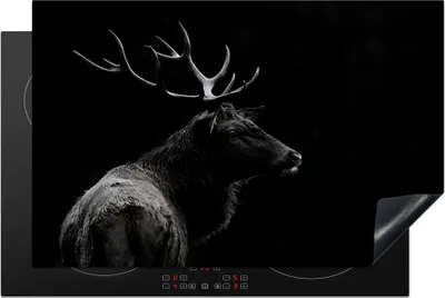 Produktbild von KitchenYeah© Herdabdeckplatte Hirsch - Schwarz - Porträt - Geweih - Tiere , 80x52cm, Küche Deko, Glaskeramikkochfeld Herdabdeckung, Abdeckplatte fùr Kochfeld