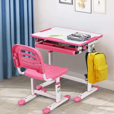 Produktbild von GOPLUS Kinderschreibtisch mit Stuhl, Kindertisch Höhenverstellbar & Neigungsverstellbar (0°-40°), Ergonomischer Kindermöbel Set bis 80 kg, Schreibtisch für Kinder ab 3 Jahren (Rosa)