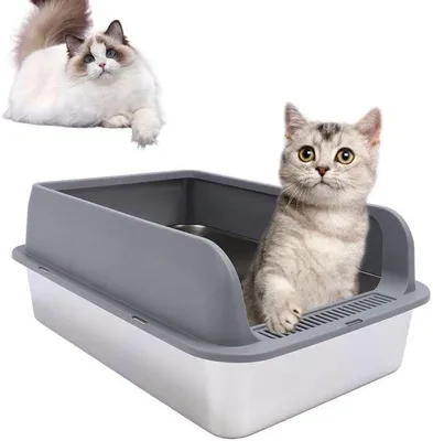 Imagen del producto de Arenero para gatos Unyqoos® con entrada superior, de acero inoxidable, 60x40x20 cm: arenero alto, fácil de limpiar, con tapa de cierre seguro