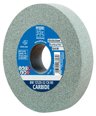 Produktbild von PFERD Schleifbockscheibe Ø 125x20mm Bohrung-Ø 32 mm SiC80 für harte Materialien z.B. Hartmetall, Schleifscheibe, Wolframcarbid, 5350 RPM, Grau, Rund, 3,2 cm