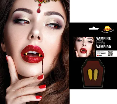 Produktbild von Vampir Zähne Halloween Accessoire Blutrünstig Elegant Gruselig Dracula Gothic Style Nacht Kreatur Lebendig Kostüm Party Horror Untoter Faszination, Farbe: Gold