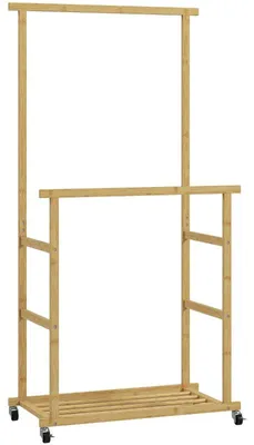 Image de Porte-manteau à roulettes, porte-manteaux avec tringle, étagère à chaussures, en bambou, 80 x 40 x 160 cm, naturel