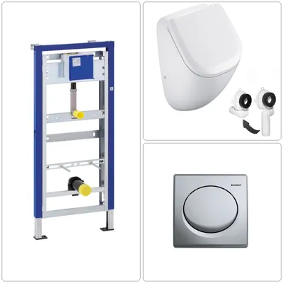 Produktbild von VIGOUR DERBY Urinal Pissoire spülrandlos mit SoftClose Deckel, GEBERIT Vorwandgestell & Betätigungsplatte, chrom