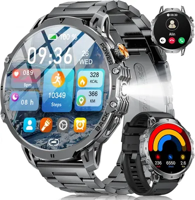 Produktbild von 2026 Smartwatch für Herren im Militärstil 1000 mAh Akku, Taschenlampe, über 110 Sportmodi, 2 Armbänder, IP68- mit Puls-, SpO2