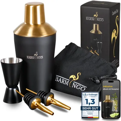 Produktbild von BARMINGO® Edelstahl Cocktail Set 5tlg. – 500ml Cocktail Shaker mit Bar Zubehör, Cocktailshaker Set, Barkeeper Set, Barset, Schwarz-Gold