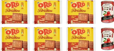 Produktbild von 6x Oro Saiwa Fibrattiva 400g Italienisch aktive Faser kekse biscuits cookies + Italian Gourmet 100% italienische geschälte Tomaten dosen 2x 400g