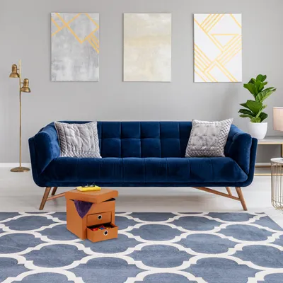 A living room scene with a blue sofa, a rug, and a small storage ottoman.