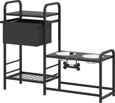 Produktbild von Erhöhter Hundenapf Höhenverstellbar Futternapf mit Stauraum Wassernapf 2 x 800ml Edelstahlnäpfen 89,5x27x74 cm Schwarz