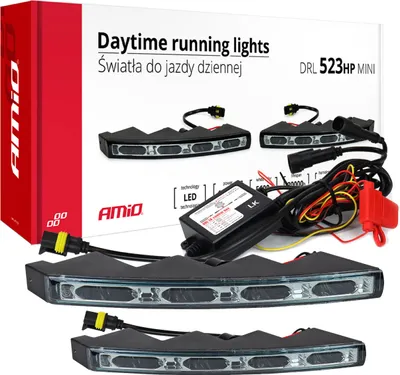 The image shows the packaging and contents of a set of AMIO LED daytime running lights.