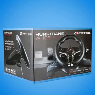 The image shows the retail packaging of a FR-TEC HURRICANE MKII racing wheel, including the steering wheel, pedals, and gear shifter.