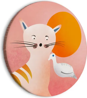 Produktbild von Runde Bilder 80x80 cm Kinderzimmer Leinwandbild 1 tlg Kunstdruck modern Wandbilder XXL Wanddekoration Design Wand Bild Katze Tiere Vogel für Kinder e-A-0139-bc-a
