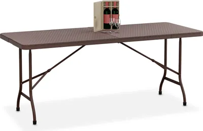 Zdjęcie produktu dla Składany stół ogrodowy Relaxdays, wymiary: 72 x 180 x 74 cm, tworzywo sztuczne, stal, odporny na warunki atmosferyczne, dla 8 osób, stół kempingowy, brązowy