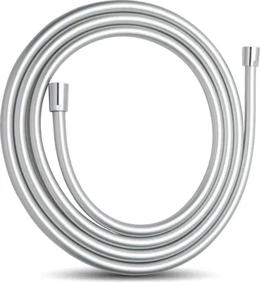 A silver shower hose coiled on a white background.