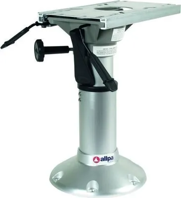 A silver boat seat pedestal with black levers and a black knob.
