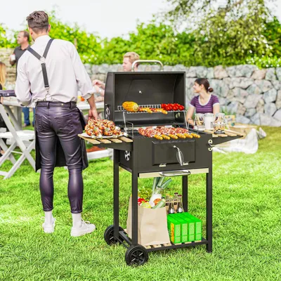 Produktbild von Grillwagen, Holzkohlegrill mit Deckel, höhenverstellbare Kohlewanne, Thermometer, Schwarz  |  bis 6 Personen  |  112 x 58 x 107 cm