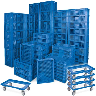 Produktbild von 78 Stück Stapelkörbe/Bäckerkästen in 5 Größen, Grundmaß LxB 600 x 400 mm, H 90 mm, 150 mm, 240 mm, 320 mm, 410 mm, Farbe blau + 5x Transportroller, blau