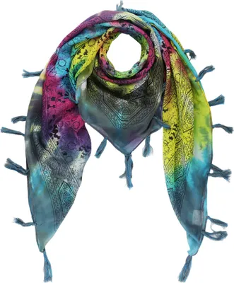 Produktbild von Baumwolltuch Indisches Blumenmuster Rainbow Spiral Fransen Druck schwarz 100x100cm Halstuch quadratisches Tuch