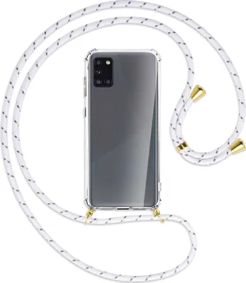 Produktbild von Handykette Backcover-Schutzhülle mit Band (Metall goldfarben) für Samsung Galaxy A31 - weiß/grau