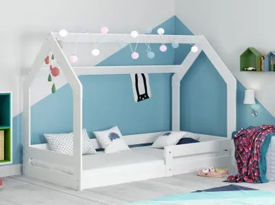 Produktbild von Interbeds Hausbett Kinderbett Bodenbett Holzbett Einzelbett Montessori mit Rausfallschutz mit Lattenrost 160x80cm